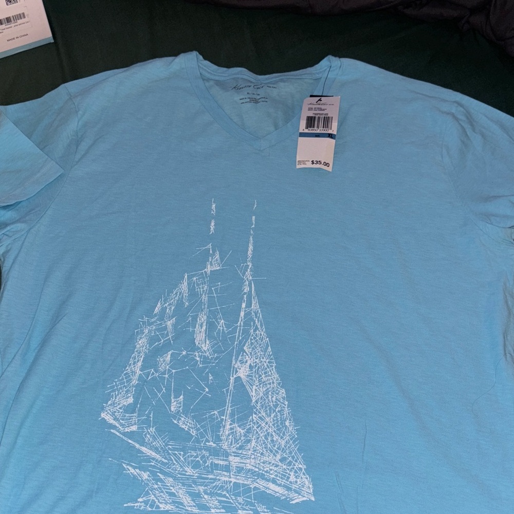 Kenneth Cole New York Sky Blue V-Neck Tee with Sailboat Design